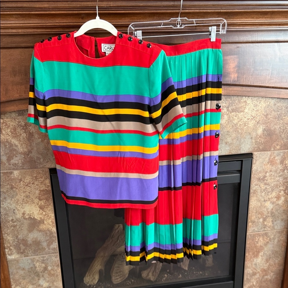 Vintage Carlisle bold colorful statement 80s striped silk top and skirt set sz 4